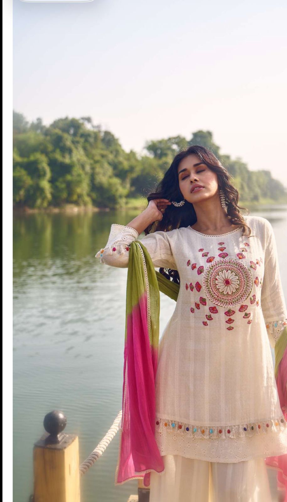 Super premium embroidered texture cotton suit set with lace detailing