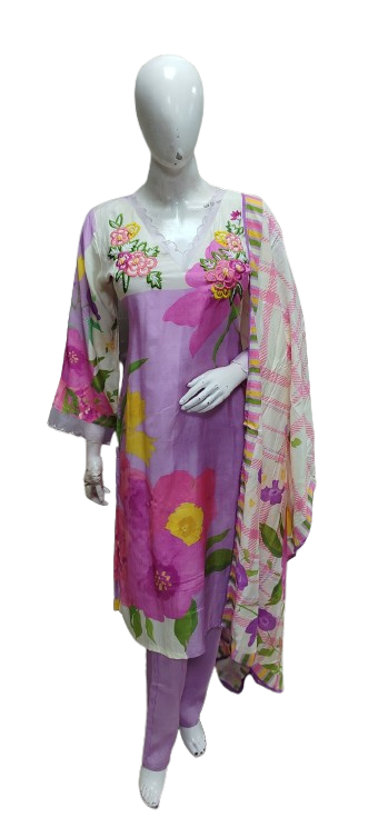 Pure Mul silk with designer bell sleeves digital printed suit set in purple with a pretty embroidered yoke