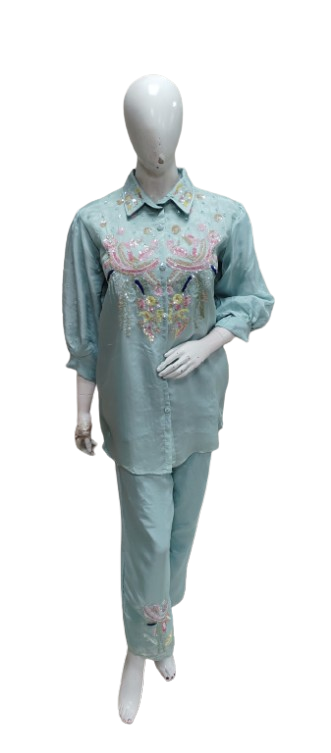 Gorgeous ice blue heavy embellished HO silk co ord set