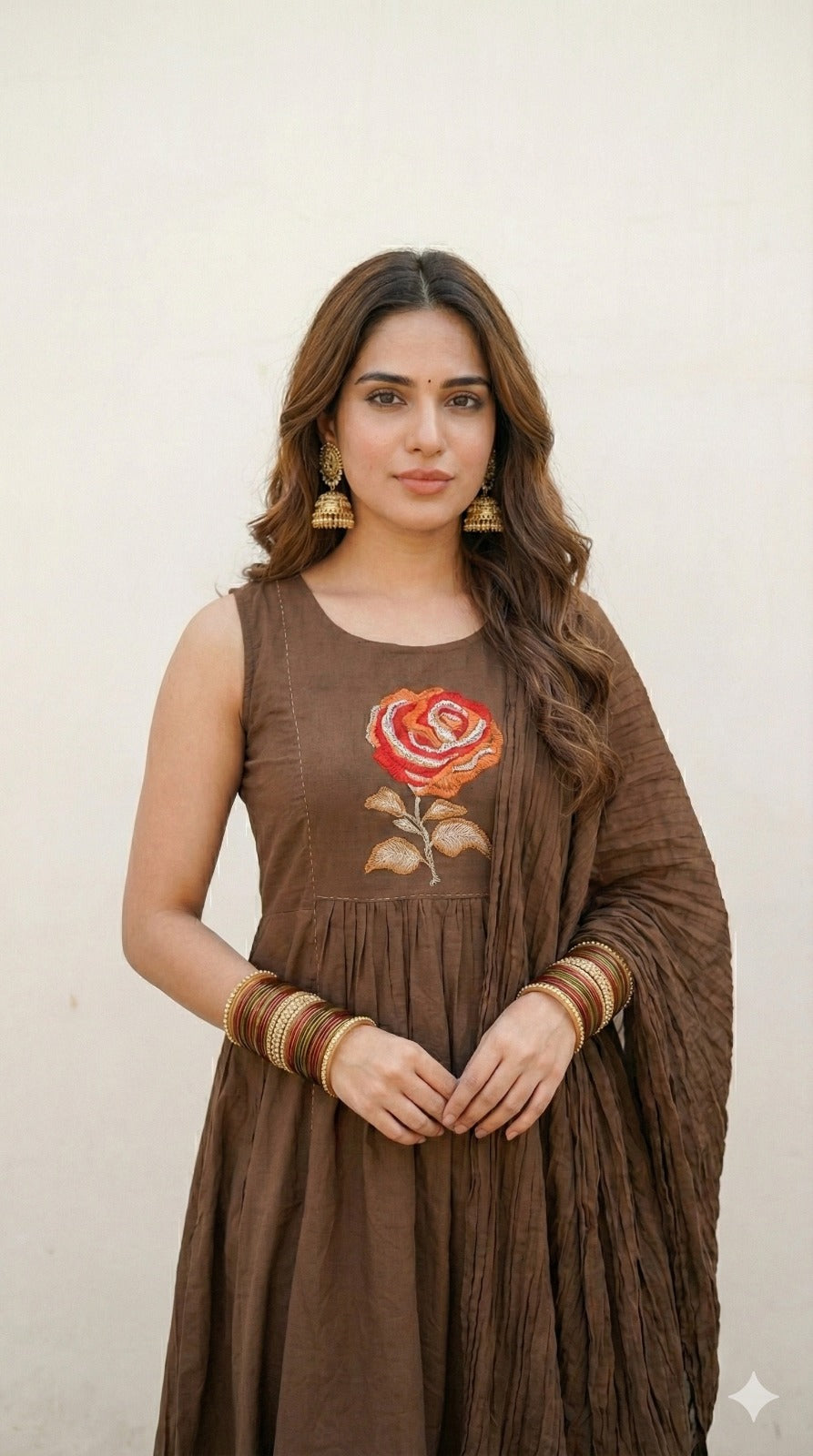 Sleeveless cotton embroidered Anarkali suit set (extra sleeves available)