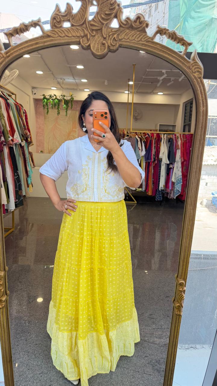 Pure Mul cotton lining skirt paired with embroidered crop top in yellow