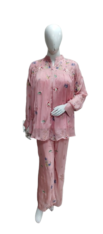 Bestselling in new colour! Premium pink chinon embroidered co ord set