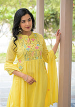 Super pretty Mul Mul cotton fully embroidered A line suit set in yellow with designer pocket
