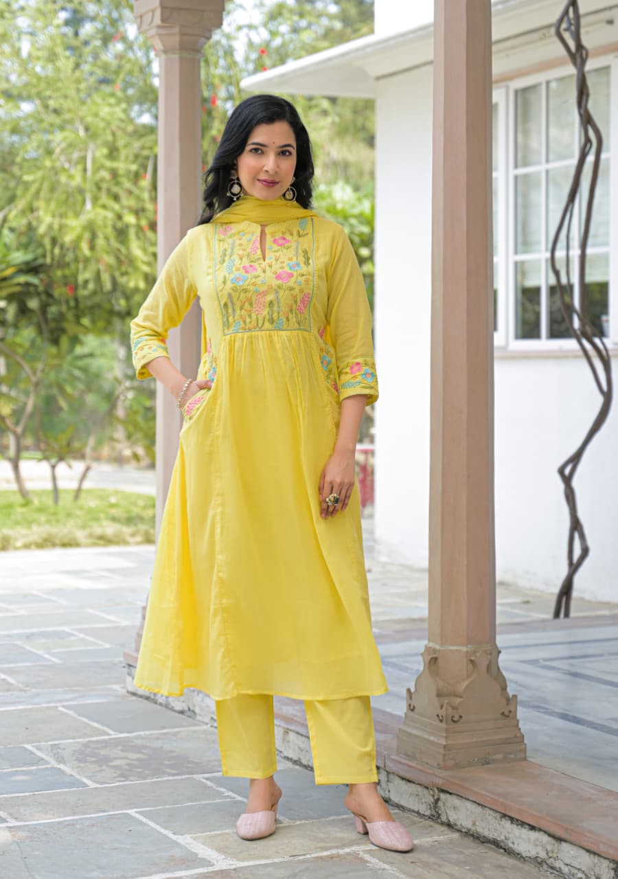 Super pretty Mul Mul cotton fully embroidered A line suit set in yellow with designer pocket