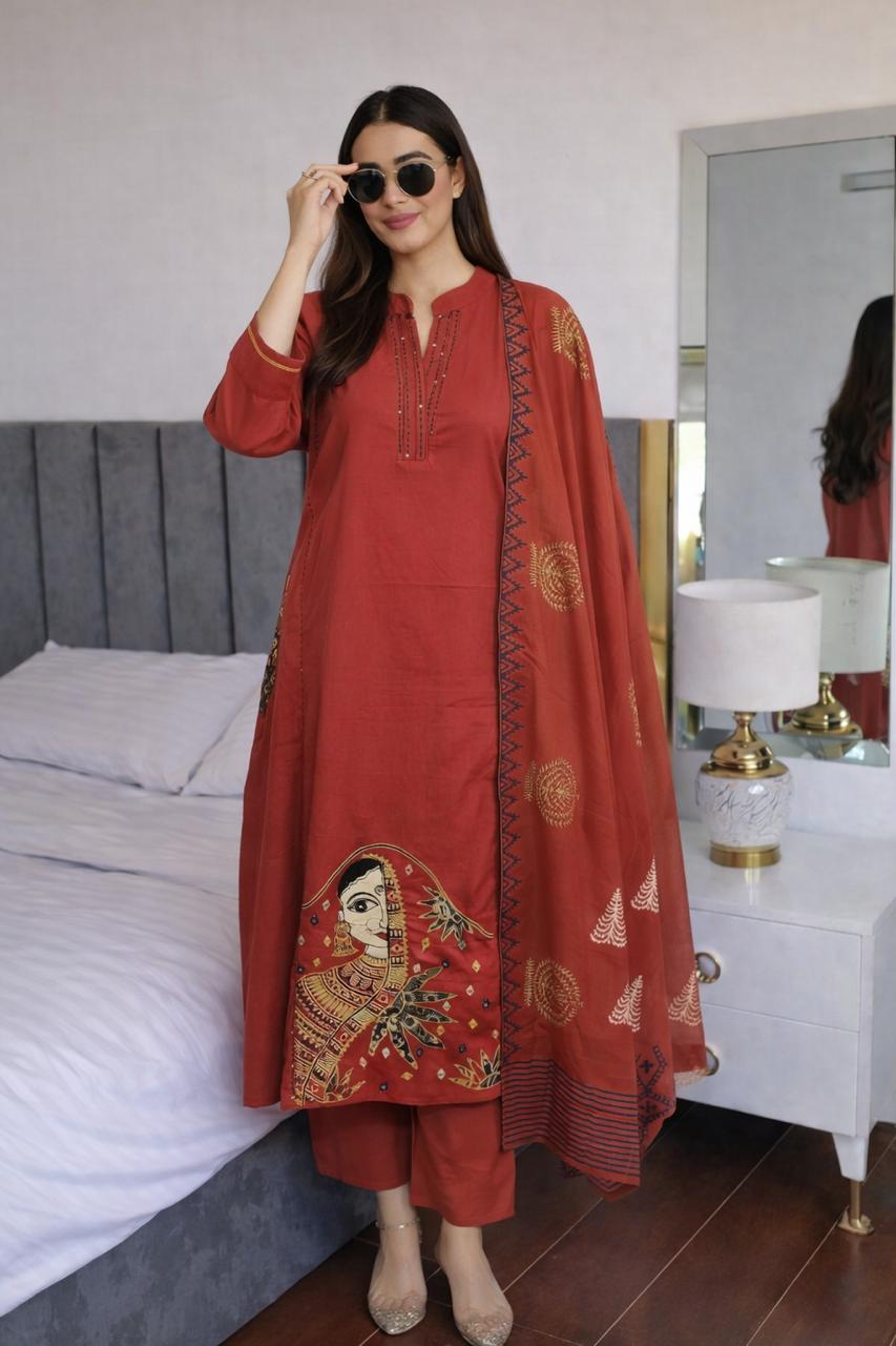 Fully embroidered highlighted pocket cotton full suit set