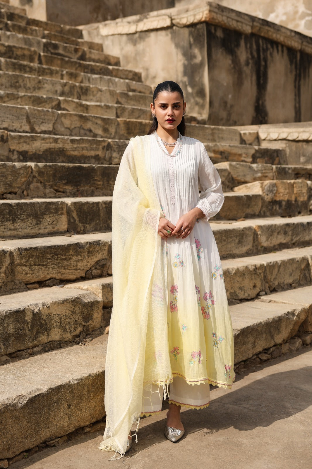 Designer premium Mul cotton ombré effect lining suit set in yellow