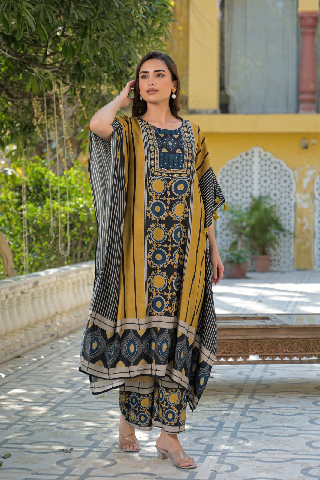 Pure Mul silk ajrakh plazzo pant kaftan set in yellow