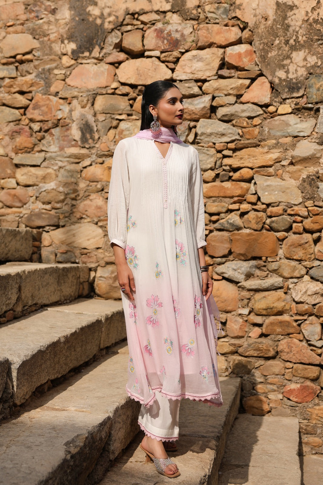 Designer premium Mul cotton ombré effect lining suit set in pink