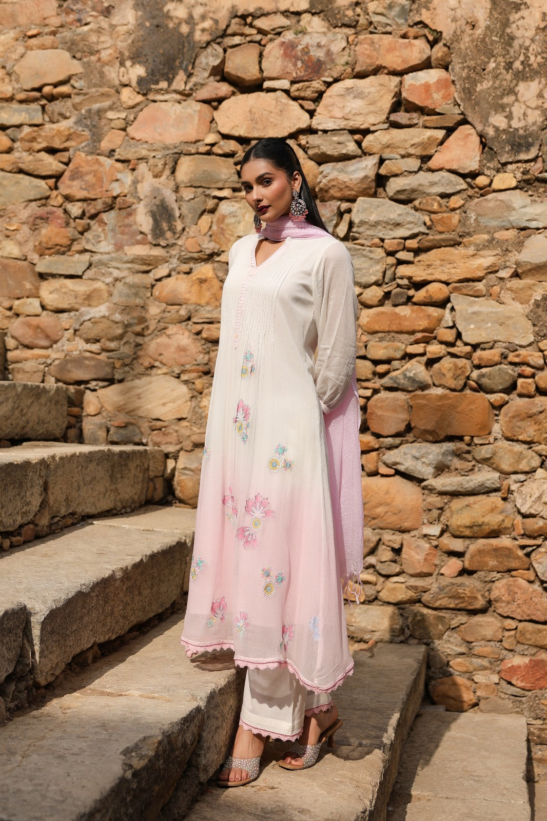 Designer premium Mul cotton ombré effect lining suit set in pink