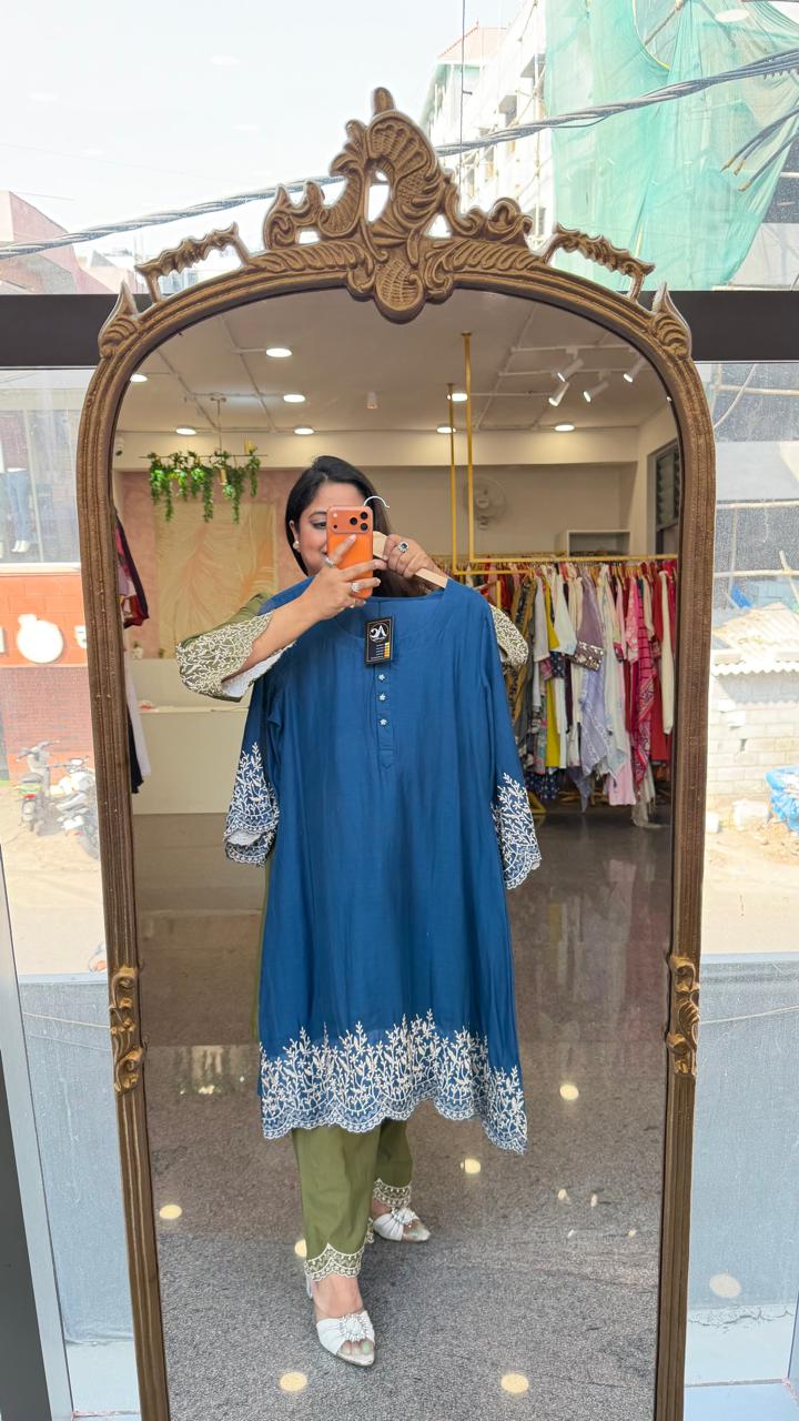 Mul cotton lining Kashmiri embroidered co ord set in blue