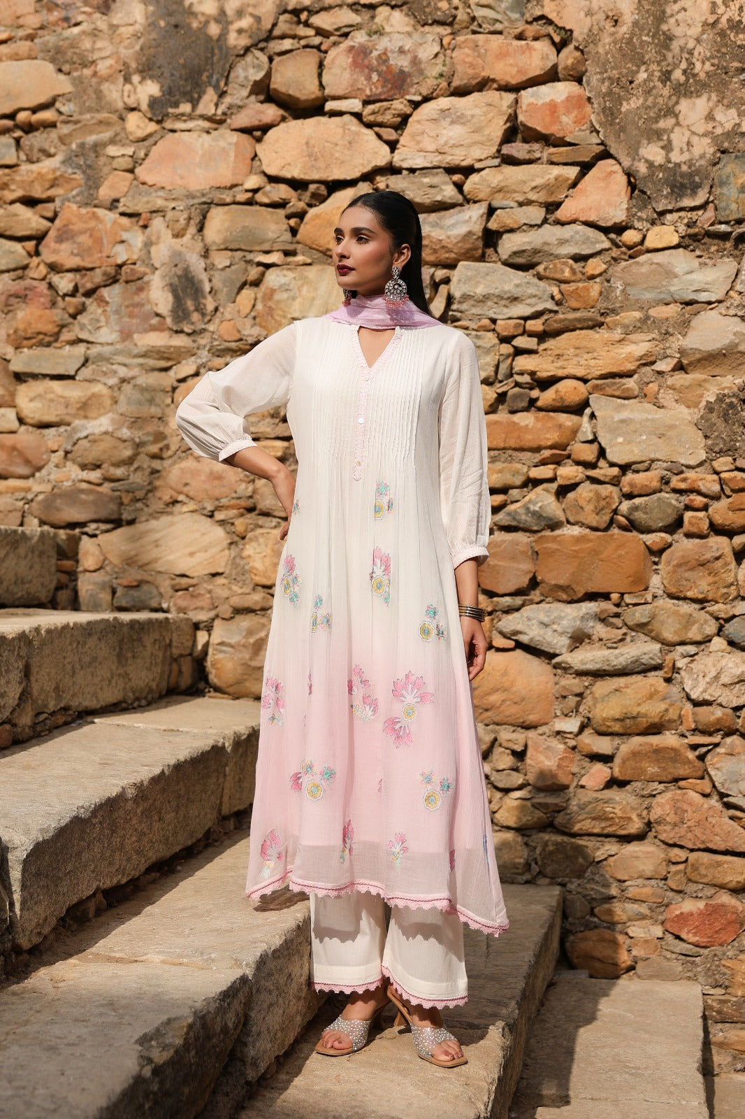 Designer premium Mul cotton ombré effect lining suit set in pink