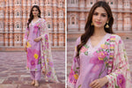 Pure Mul silk with designer bell sleeves digital printed suit set in purple with a pretty embroidered yoke