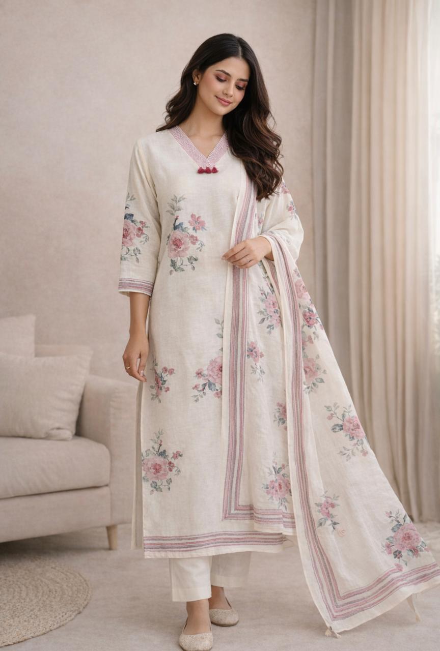 Linen cotton front n back digital printed lining full suit set