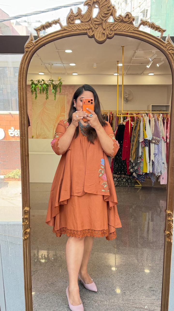 Restocked!!Cotton embroidered detachable shrug pocket dress with lace detailing in powder brown!