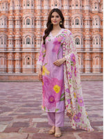 Pure Mul silk with designer bell sleeves digital printed suit set in purple with a pretty embroidered yoke