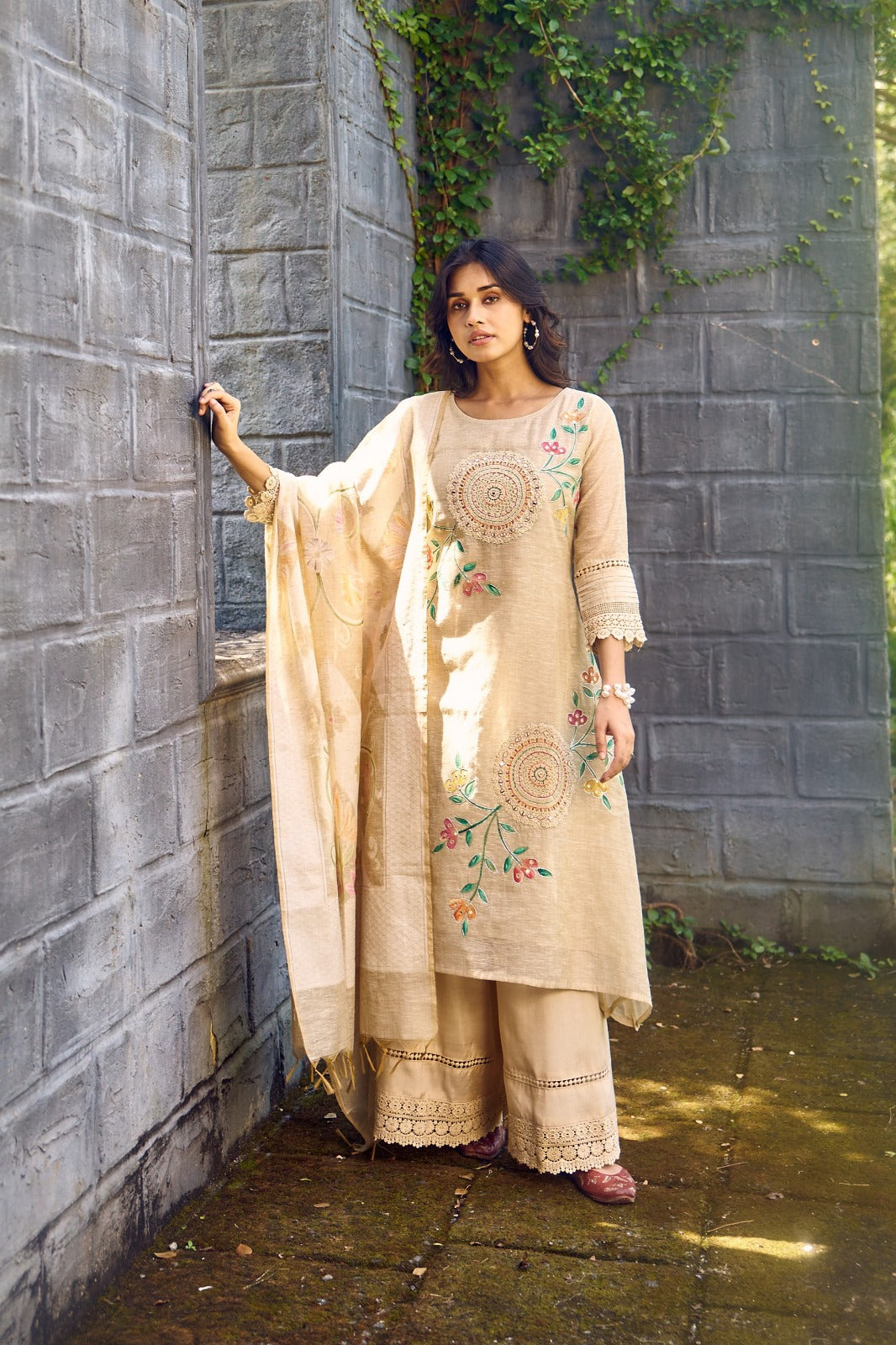 Beautiful jamdani brush painted embroidered suit set