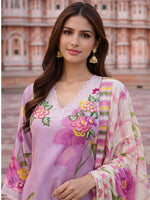 Pure Mul silk with designer bell sleeves digital printed suit set in purple with a pretty embroidered yoke