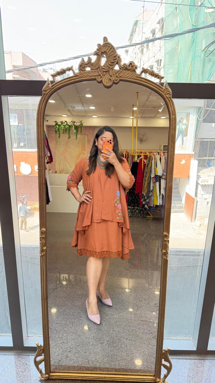 Restocked!!Cotton embroidered detachable shrug pocket dress with lace detailing in powder brown!