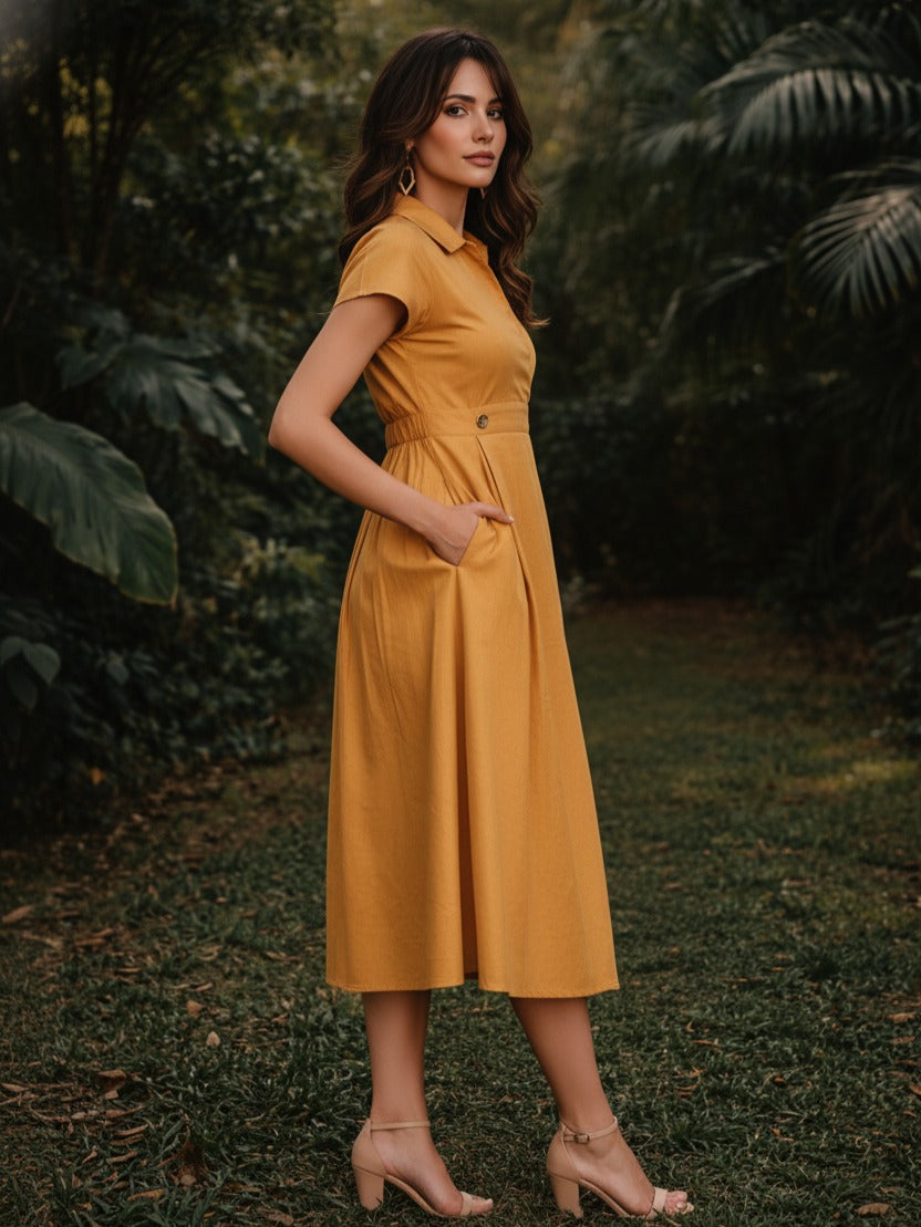 Celebrity style cotton with pocket dress