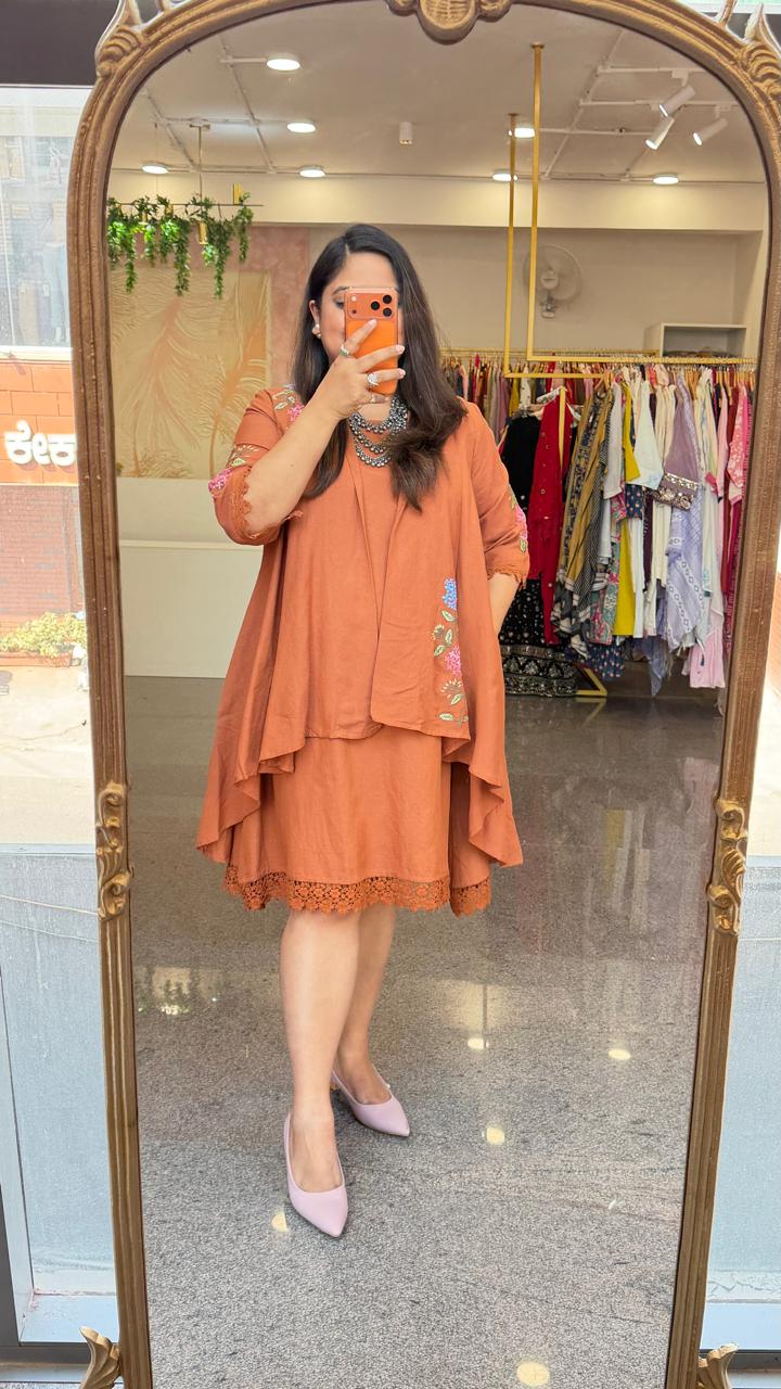Restocked!!Cotton embroidered detachable shrug pocket dress with lace detailing in powder brown!