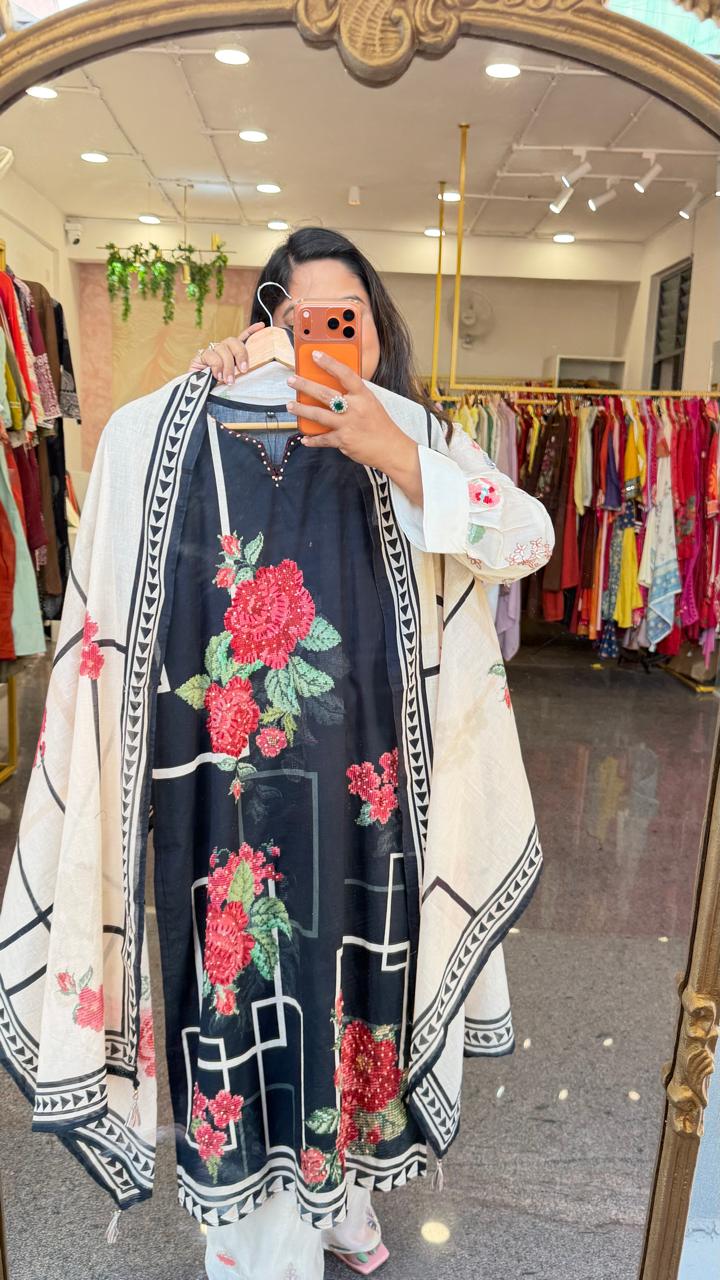 Black digital printed premium cotton suit set in black