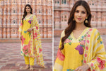 Pure Mul silk with designer bell sleeves digital printed suit set in yellow with a pretty embroidered yoke