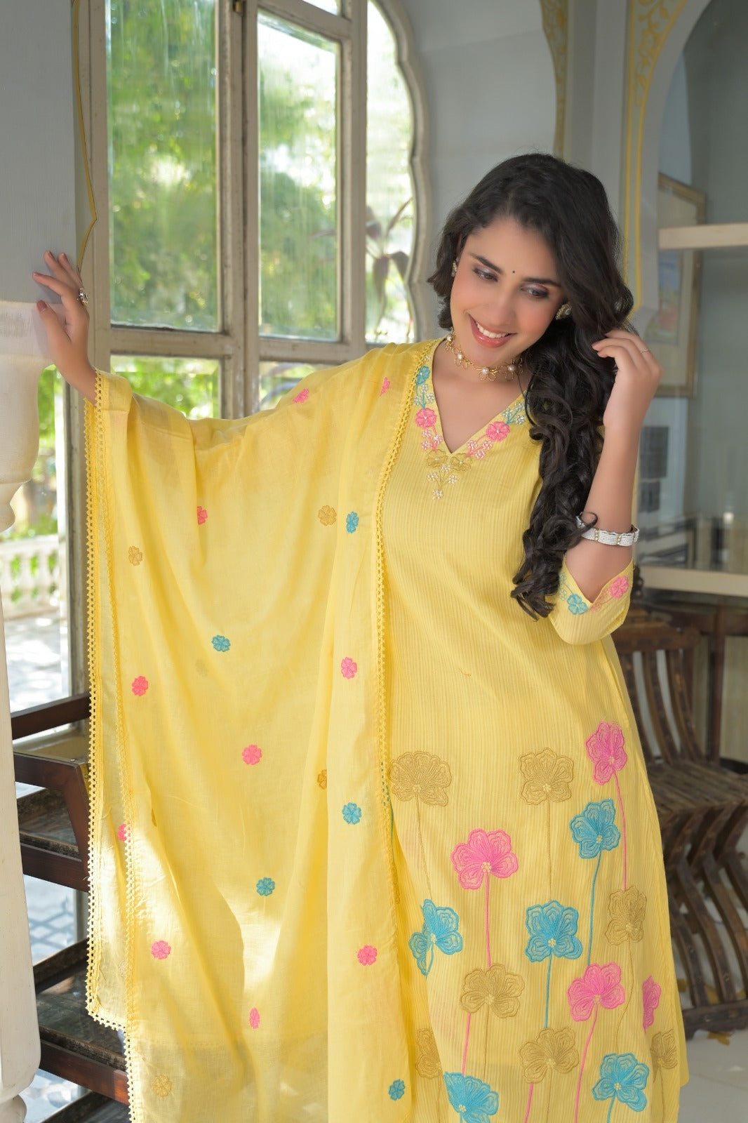 Pretty pretty fully embroidered premium cotton suit set in yellow