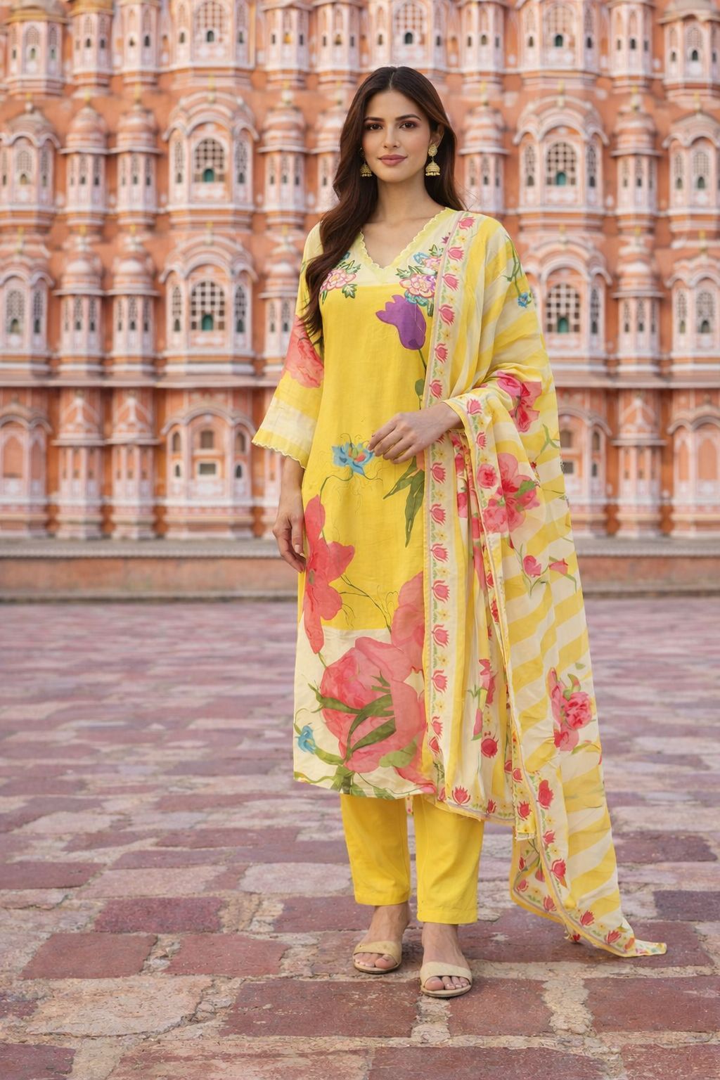 Pure Mul silk with designer bell sleeves digital printed suit set in yellow with a pretty embroidered yoke