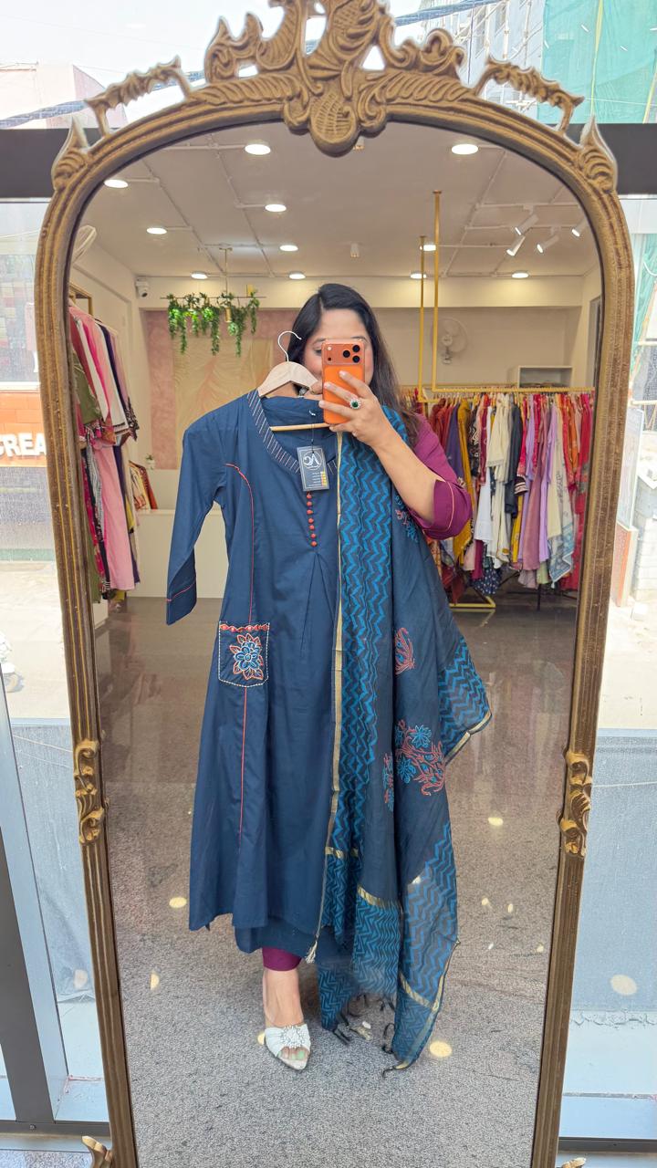 Pretty designer back and pocket paired with cotton chanderi dupatta full suit set in premium cotton in blue