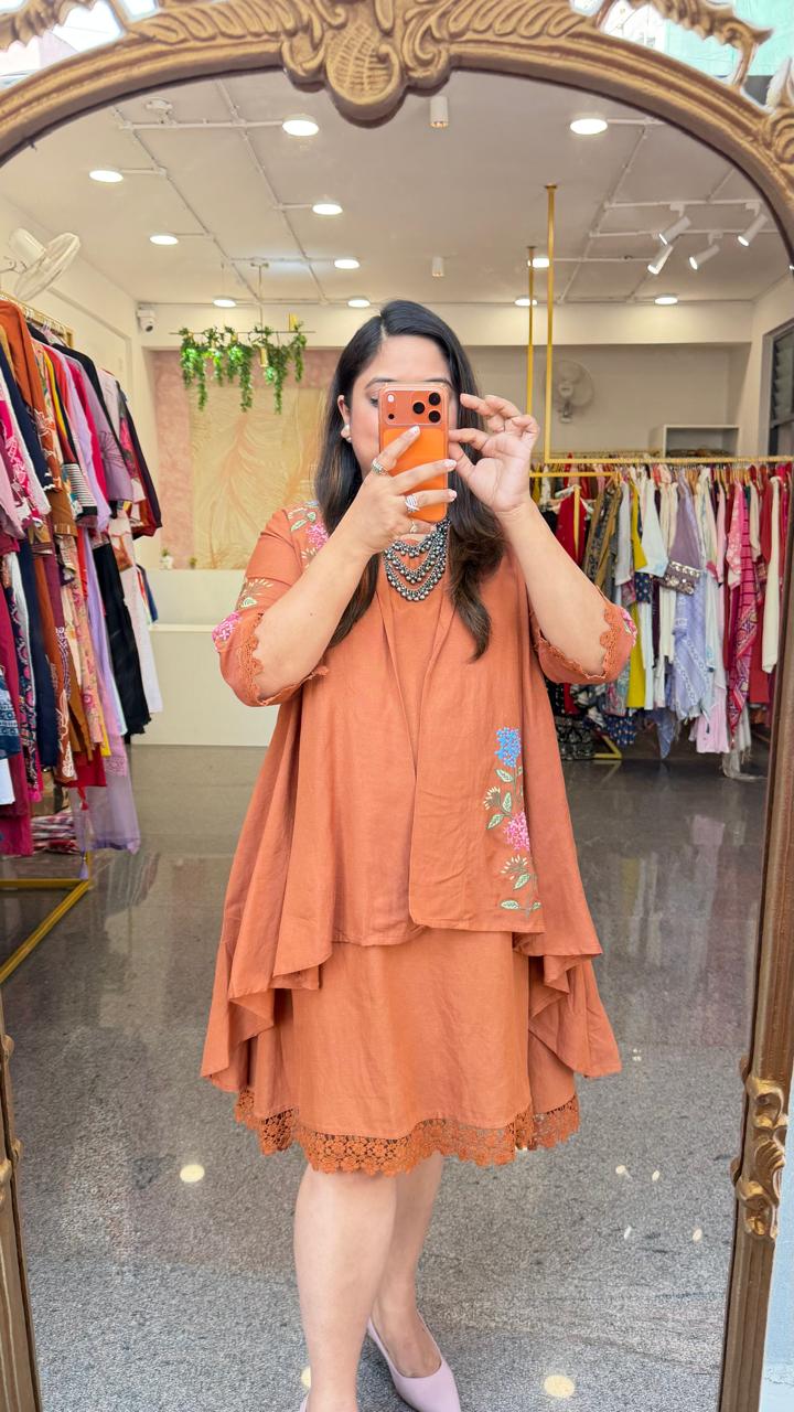 Restocked!!Cotton embroidered detachable shrug pocket dress with lace detailing in powder brown!
