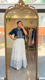 Pure Mul cotton lining skirt paired with embroidered crop top in blue