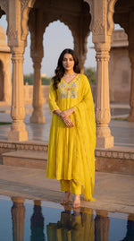 Premium Mul chanderi with zari detailing full suit set in yellow