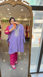 Pretty crepe silk real mirror co ord set in purple