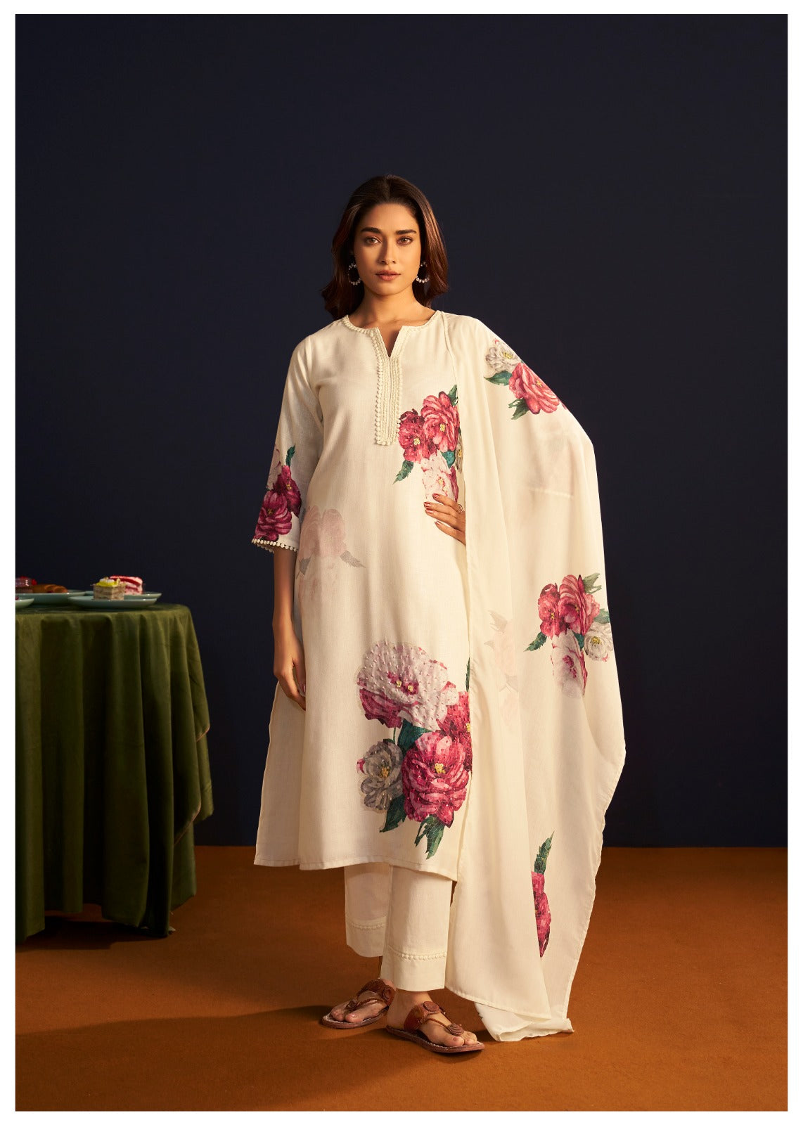 Linen cotton with githan work digital printed suit set