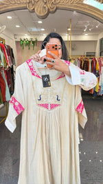 Premium Mul chanderi with heavy hand work suit set with pink n blue highlight