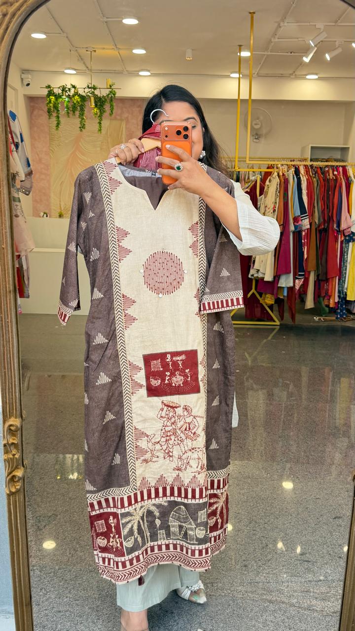 Pretty ajrakh cotton full suit set highlighted with katha stitch