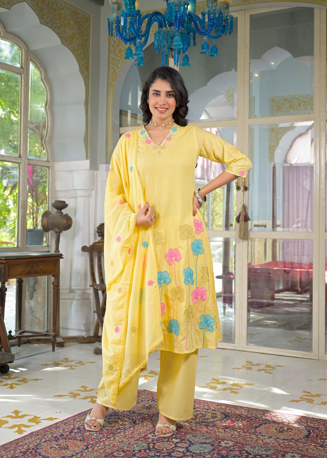 Pretty pretty fully embroidered premium cotton suit set in yellow