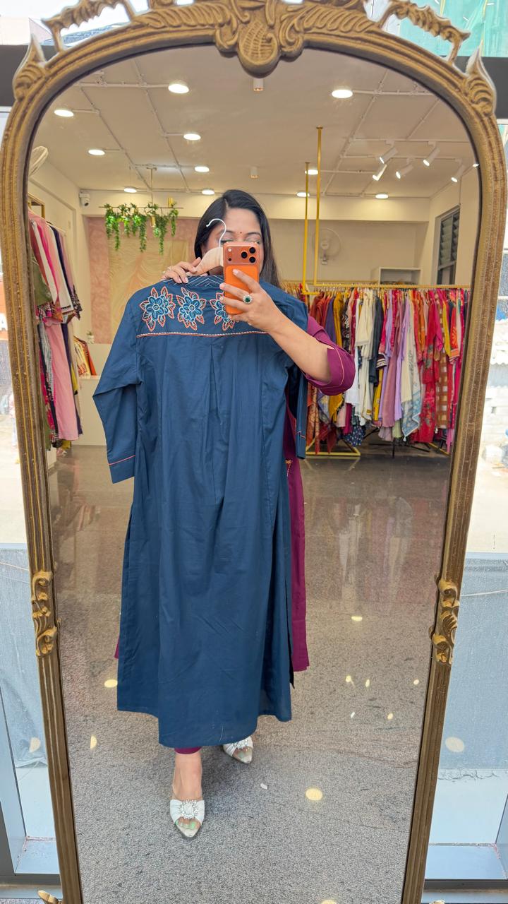 Pretty designer back and pocket paired with cotton chanderi dupatta full suit set in premium cotton in blue