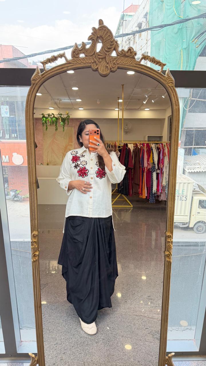 Super smart embroidered top paired with a super soft versatile soft gaji silk coule skirt