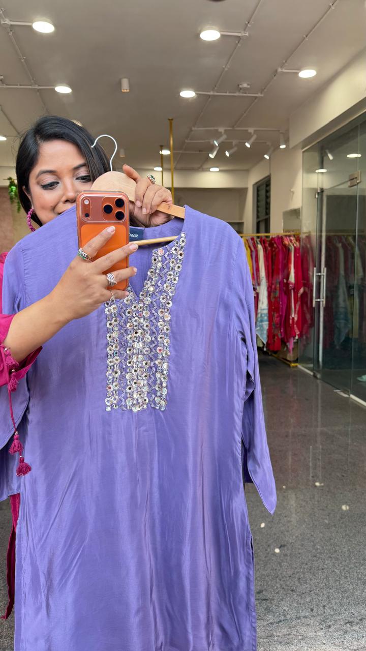 Pretty crepe silk real mirror co ord set in purple