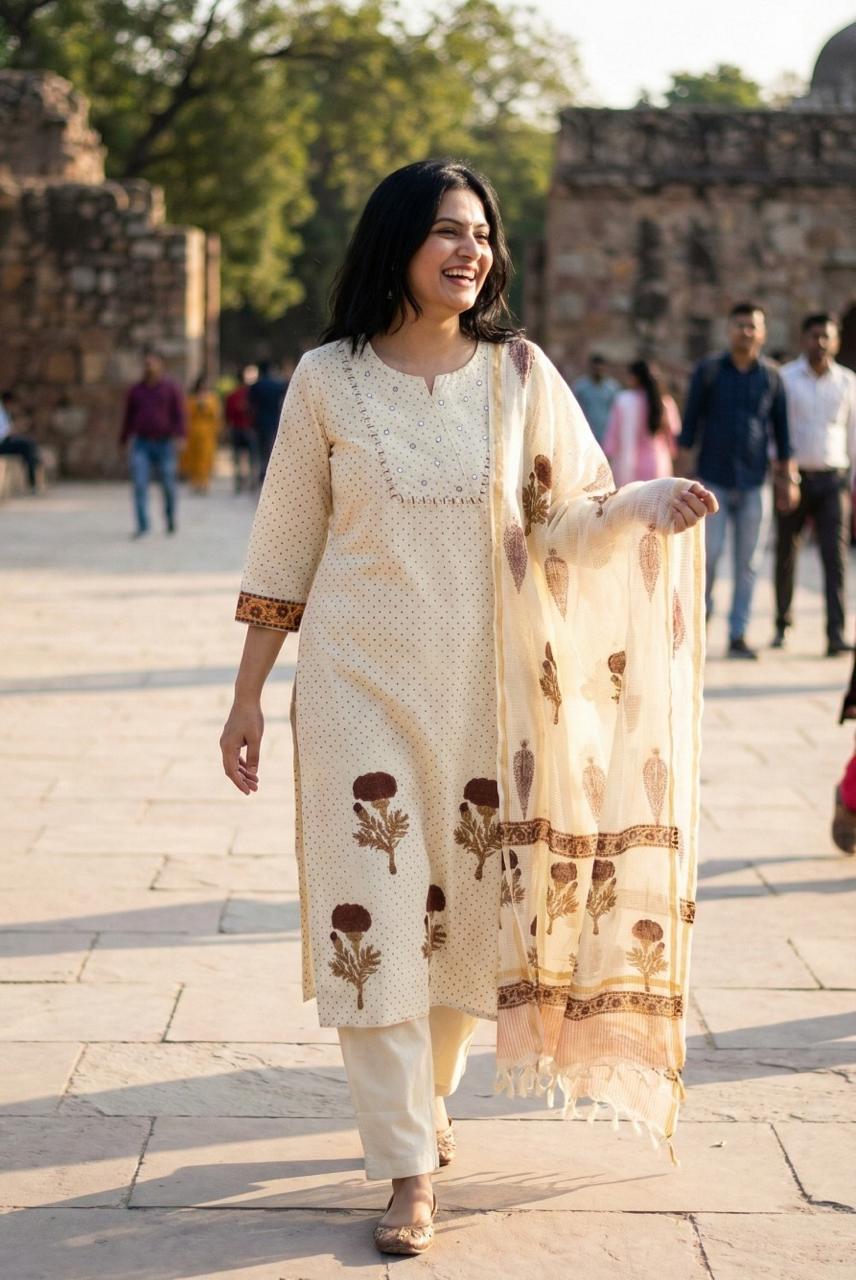 Premium cotton block printed suit set paired with Kota checks dupatta