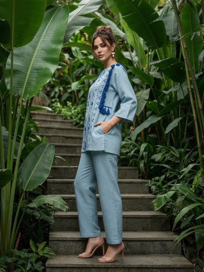 Super smart premium cotton fully embroidered with pockets co ord set in blue