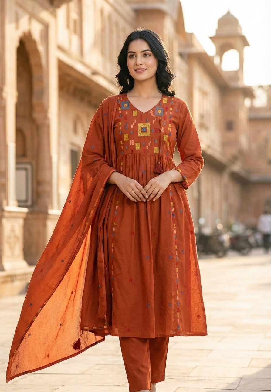 Embroidered Cotton angrakha suit set in orange