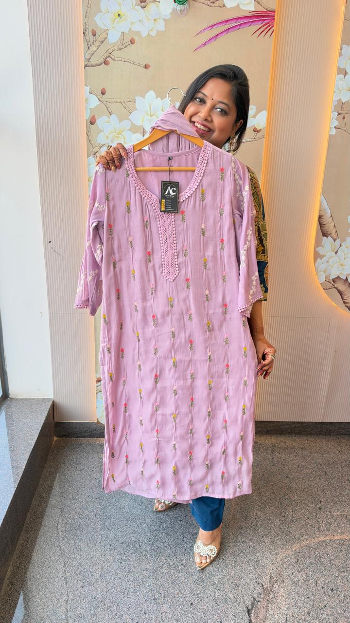 Wow Mul chanderi full suit set in purple