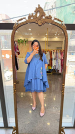 Restocked!!Cotton embroidered detachable shrug pocket dress with lace detailing in powder blue!