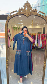 Pretty designer back and pocket paired with cotton chanderi dupatta full suit set in premium cotton in blue