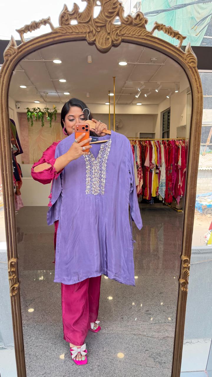 Pretty crepe silk real mirror co ord set in purple