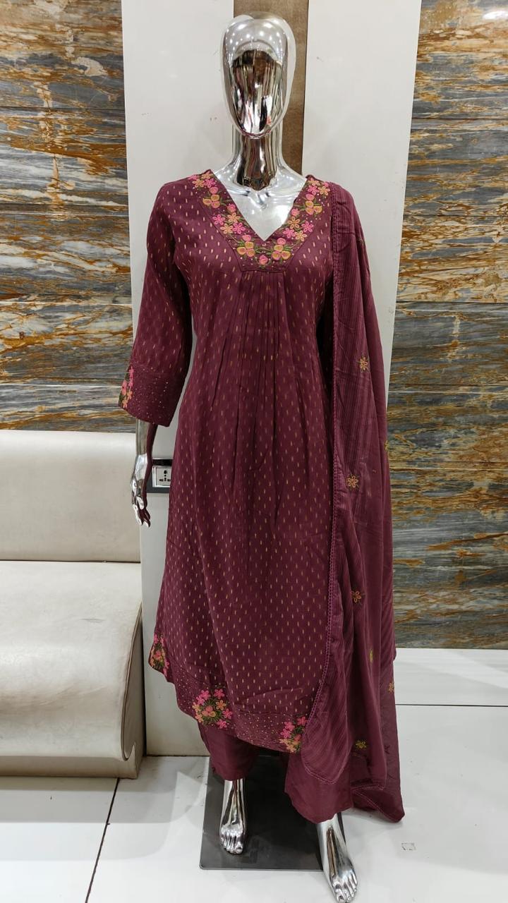 Premium cotton zari embroidered Anarkali suit set