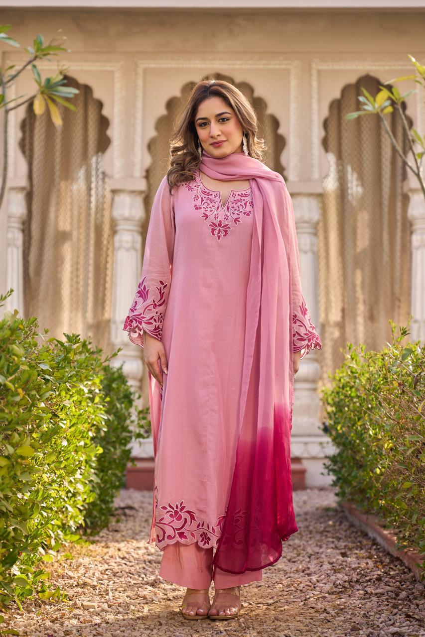 Fully embroidered and cutwork Mul chanderi suit set in pink ombre