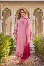 Fully embroidered and cutwork Mul chanderi suit set in pink ombre